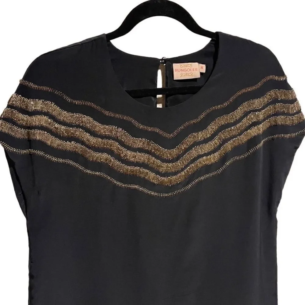 RUNGOLEE- Women’s Black Silk Blouse w Gold Beaded Design, Size Small - Picture 2 of 9